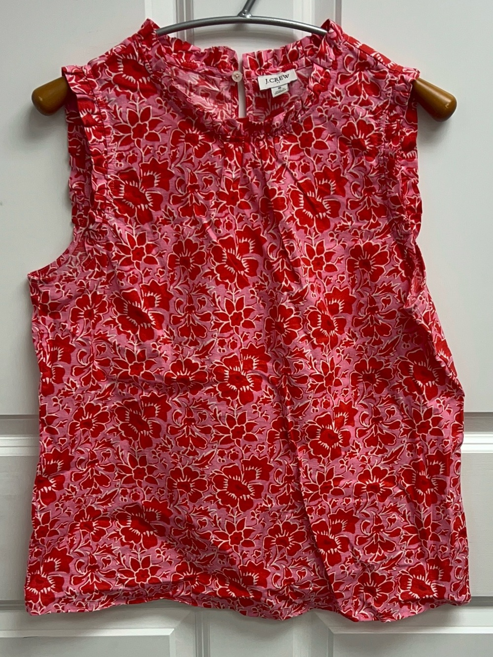 J.Crew Factory Printed Pink/Ted Floral Linen-Blend Ruffleneck Top Size Small